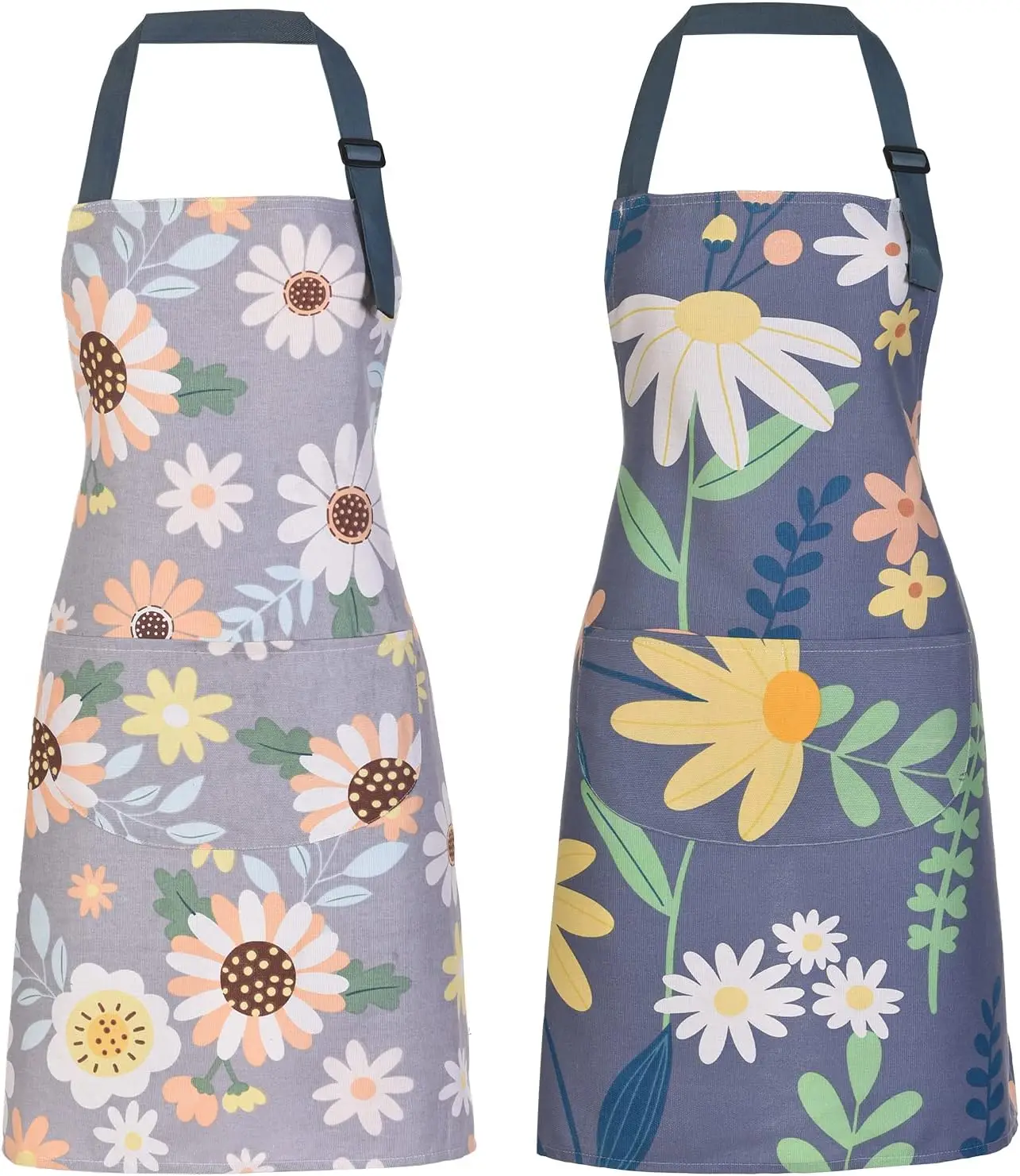 

2 Pack Floral Apron for Women with Pockets, Adjustable Cotton Chef Aprons for Kitchen Cooking BBQ Grill