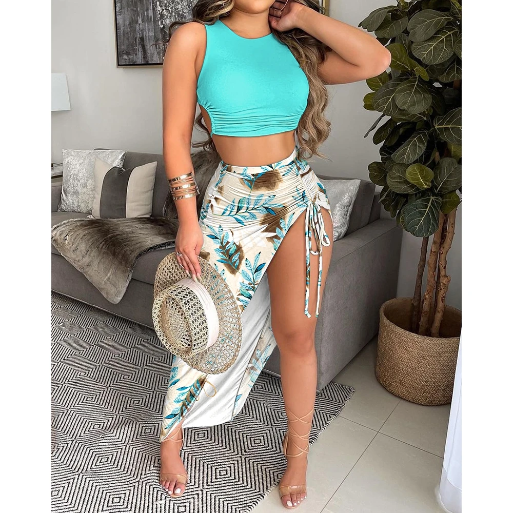 

Casual Summer Women O-Neck Sleeveless Crop Top & Ruched Floral Print Drawstring High Slit Skirt Sets Female Long Dress Sets