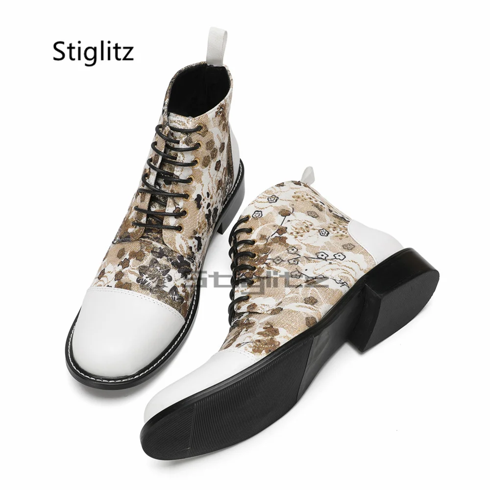 

Men's Prints Ankle Boots Genuine Leather Patchwork Round Toe Lace Up Low Heel Riding Boots British Style Casual Dress Shoes