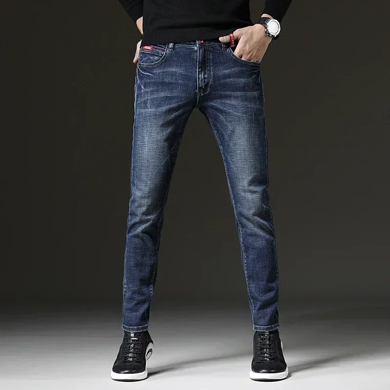 2023 Frühling Herbst Herren Blue Jeans einfarbig mikro elastische klassische Jeans Männer gerade schlanke Mode Jeans hose männlich