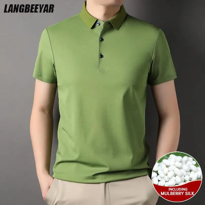 Top Grade 4.7% Mulberry Silk New Summer Brand Luxury Brand Polo Men Shirt Short Sleeve Plain Casual Tops Fashions Men Clothes