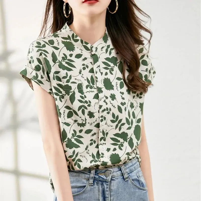 Chinese Style Commute 2024 Summer Blouses Women\'s Floral Stand Collar Thin Button Pocket Short Sleeve Loose Casual Printed Shirt