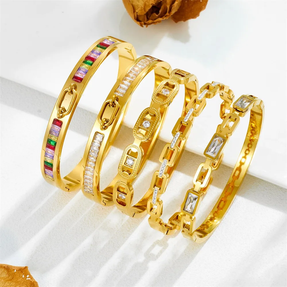 

Gold Plated CZ Bangle Set, Cubic Zirconia Inlaid Open Cuff Bracelet for Women