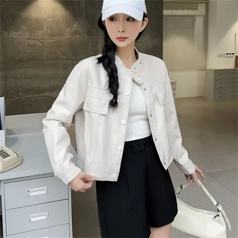2025 nueva chaqueta coreana de cuero Pu para mujer, moda de otoño, corta, informal, combina con todo, de cuero, holgada, para mujer, prendas de vestir exteriores