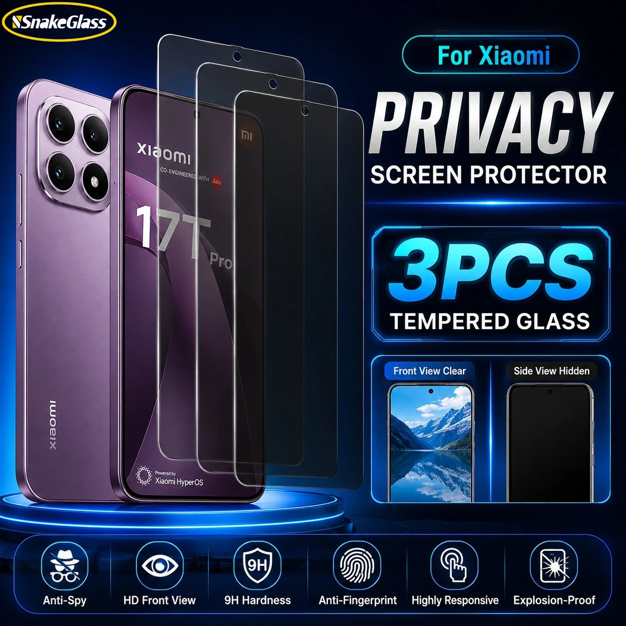 3 Stück Sichtschutz-Panzerglas für Xiaomi 17T Pro 17Ultra 15 14 13 12T 11T 10T Pro 9 8 Lite Anti-Spy Anti-Shatter Displayschutzfolie