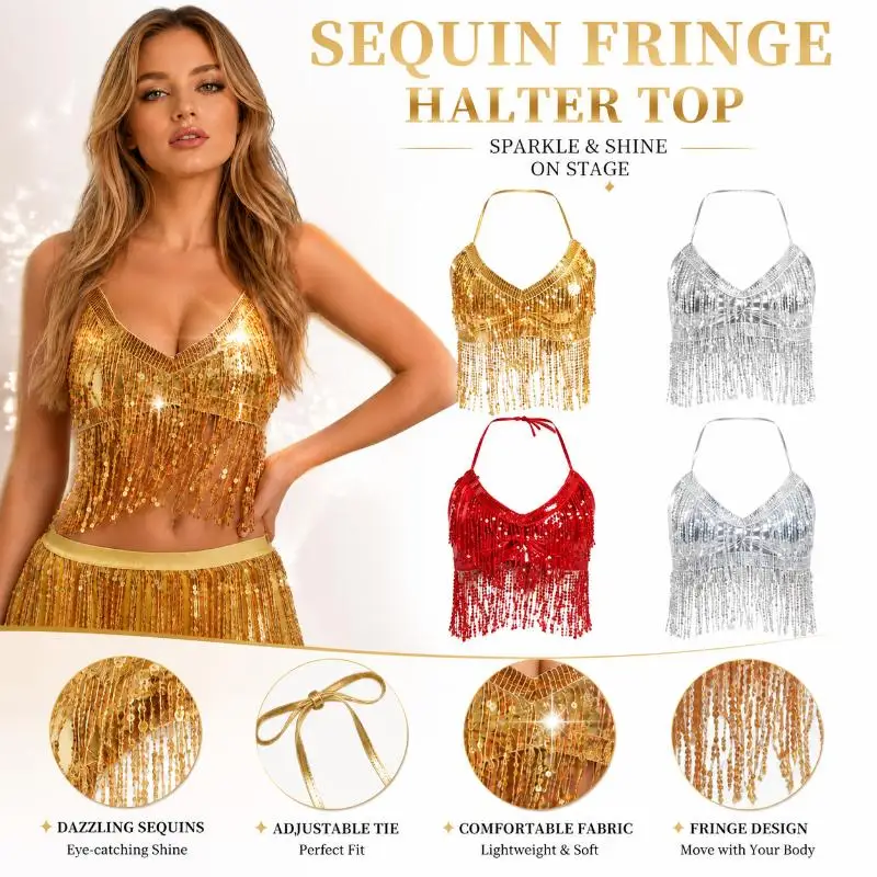 Glitzerndes Crop-Top mit Fransen und Neckholder, glänzendes, rückenfreies, figurbetontes Oberteil mit Pailletten für Damen, Rave, Tanz, Nachtclub, Party – Detail 3