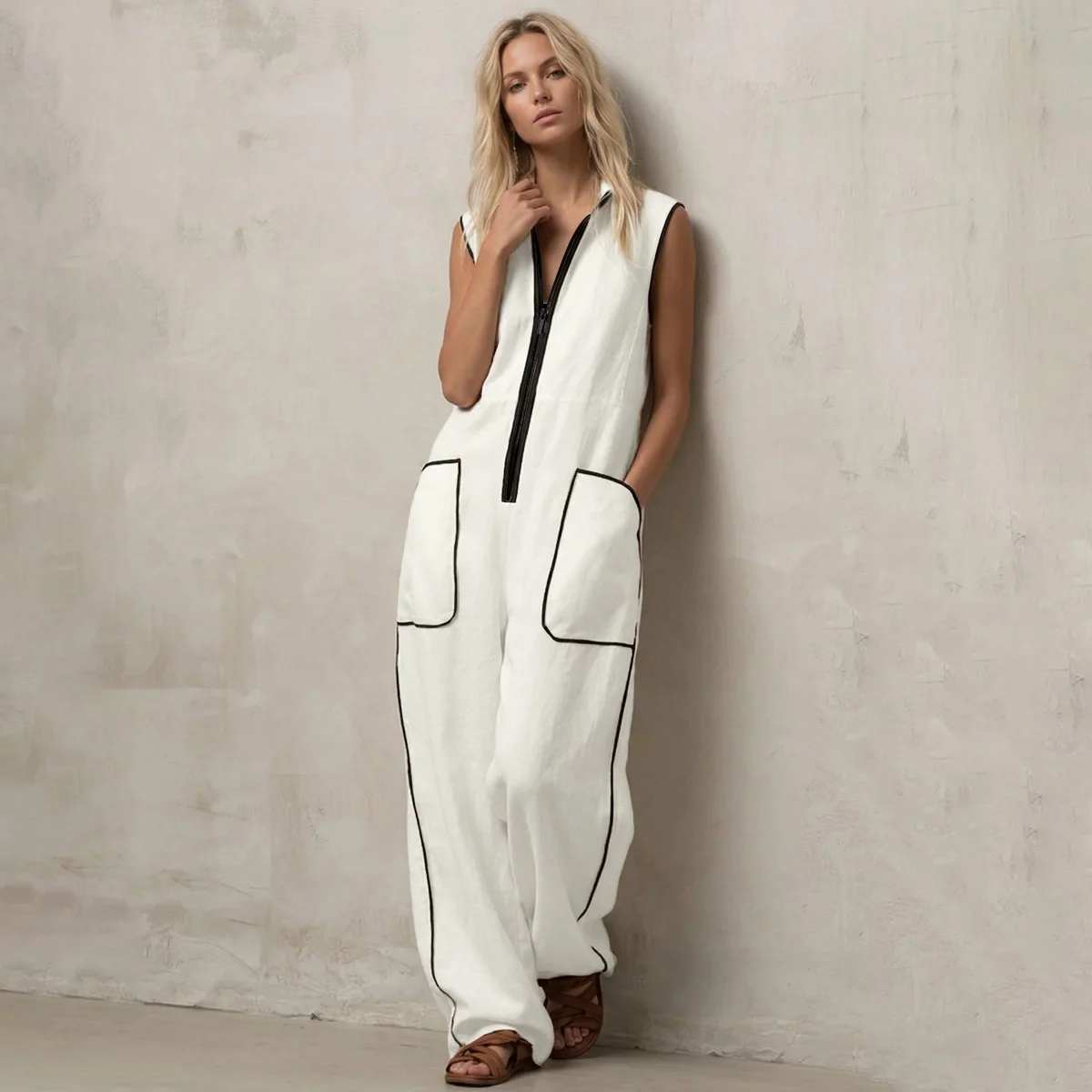 UOOZEE Women White Jumpsuits 2026 New Contrast Color Line Pockets Loose Stand Collar Zipper Casual Vacation Wide Leg Outfits view 2