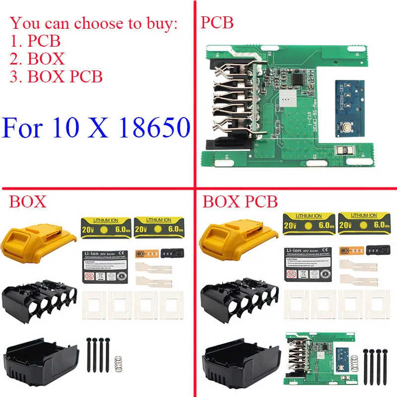 DCB200 Li-ion Battery 10*18650 Plastic Case Charging Protection Circuit Board Box Housing For DeWalt 18V 20V Lithium Ion Battery