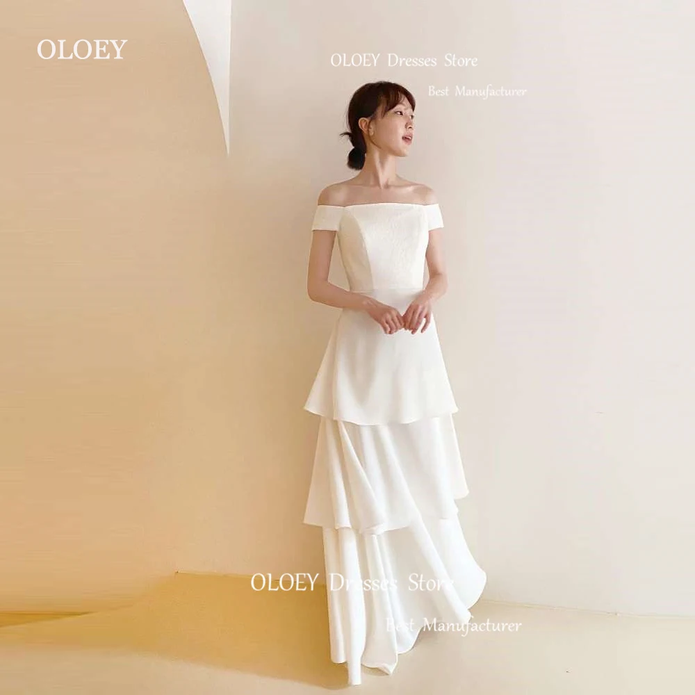 

OLOEY Off the shoulder Tiered Korea Wedding Dresses Tiered Skirt Soft Satin Bridal Gowns Corset Back Simple Mariage Custom