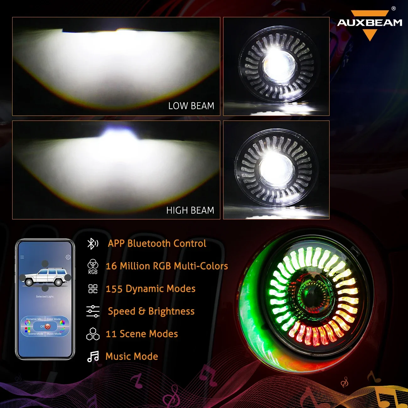 Auxbeam 7inch RGB LED Headlights Bluetooth Controll High Low Beam Round LED Halo DRL for Jeep Wrangler JK TJ LJ 1997-2018