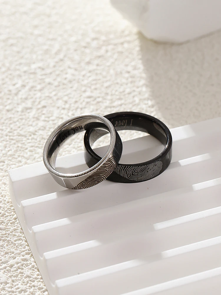 KUNIU 2pcs Fashion Heart Fingerprint Ring Couple Wedding Gift Ring Set