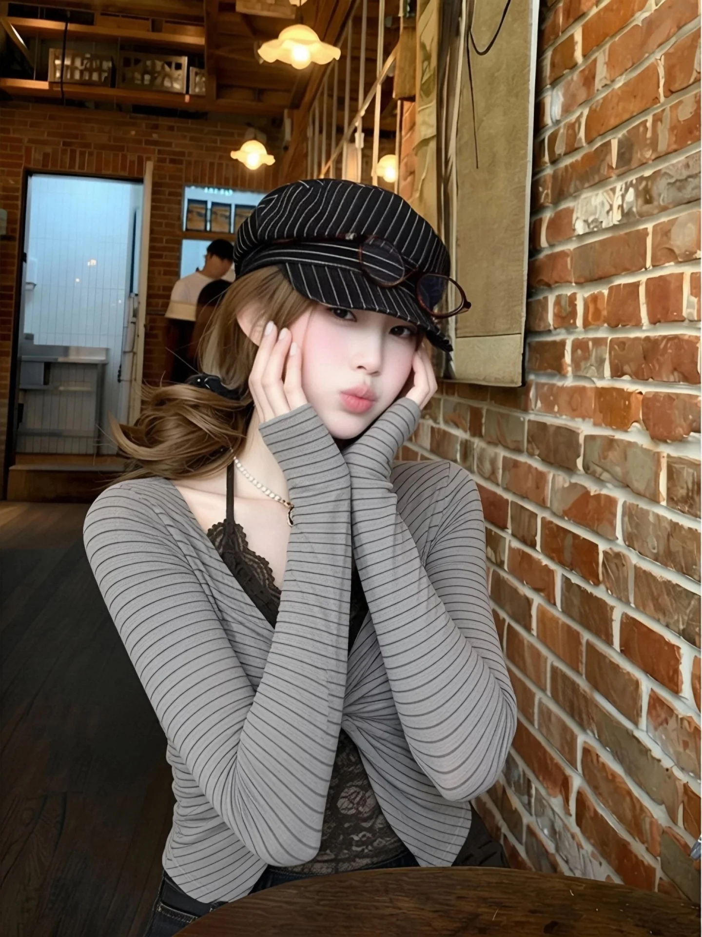 Oats Color Lace Neck Hanging Long Sleeve T-Shirt Women's Autumn Winter Slim Fit Inner Wear Base Shirt Trendy Single Top Shirt