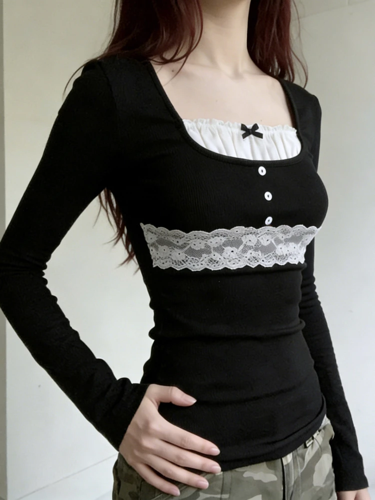 フランス風スイートフェイクツーピーストップス レディース スリムフィット 長袖 スクエアネック レースリボンTシャツ キュートファッション Y2K エレガント ベースレイヤーシャツ