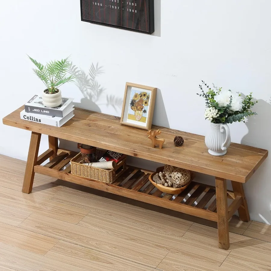 再生木材製ベンチ 長さ55インチ 素朴な農家風玄関ベンチ 隠し収納棚付き 狭い廊下に最適