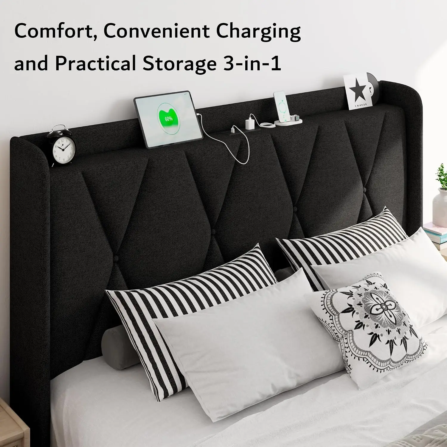 Queen Upholstered Platform Bed with 4 Storage Drawers & Charging Station, Wingback Headboard, Easy Assembly, Black, Customized