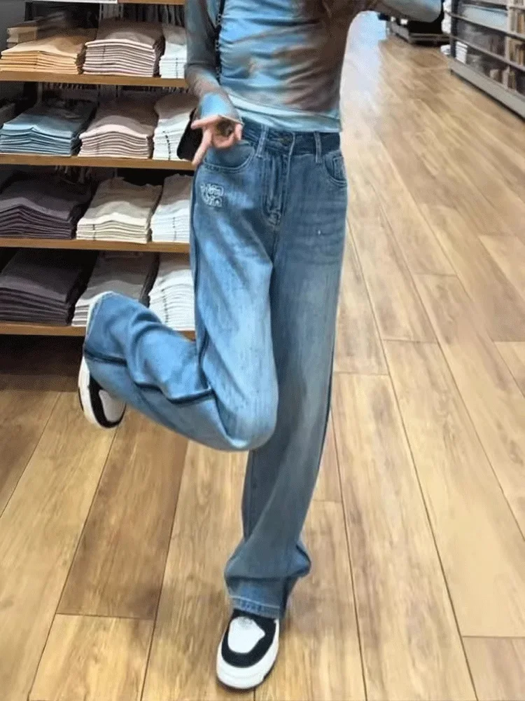 Retro Blue Denim Jeans Women's Spring New Small Size Straight Leg Pants Large Size Fat MM Loose Slimming Drill Wide Leg Pants