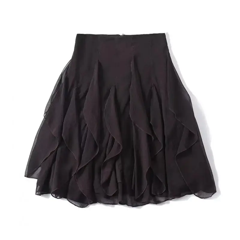 Maxdutti Southern French Elegant Coffee Mini Skirt Minimalist Women's Skirt Retro Stacked Ruffle Chiffon Skirt Woman Clothes