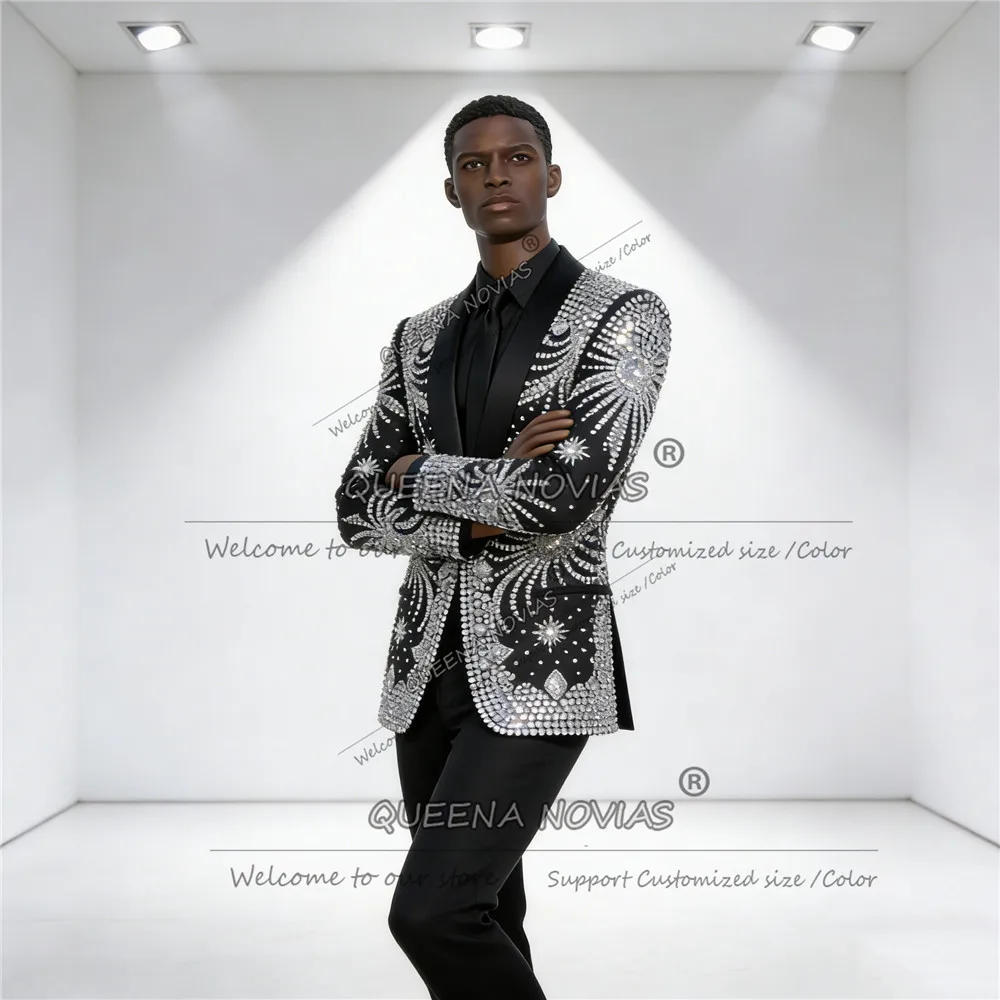 

Мужской костюм из двух предметов: блестящий пиджак с вышитыми бисером элементами и брюки, наряд для выпускного вечера, свадебный смокинг, индивидуальный пошив