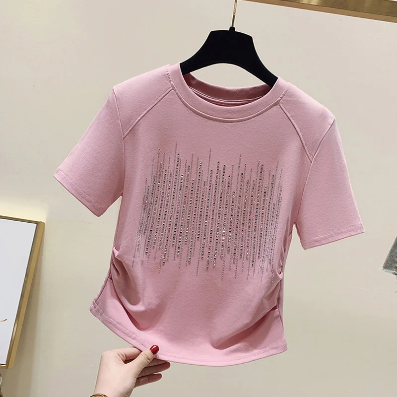 

Women Summer Cotton Tee O Neck Short Sleeve Harajuku Diamond T-Shirt Vintage Pullover Loose Black White Pink Slim S-XL Tops