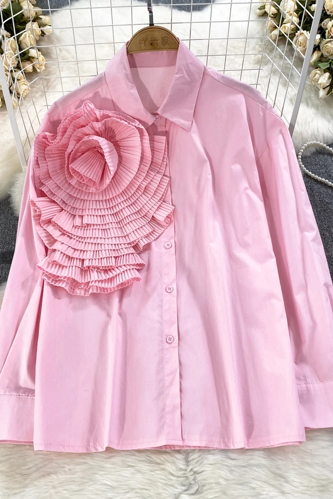 SuperAen Spring and Autumn Fashion Long Sleeves Sweet Pleated Wood Ear Panels Three-dimensional Flowers Loose Shirt Women