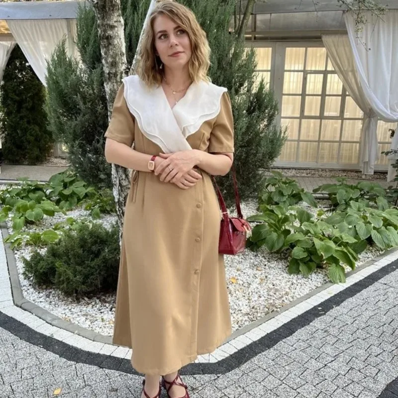 Vestido longo vintage embrulhado feminino, vestido de verão feminino, dupla camada, colarinho com babados, laço, cintura fina, verão, novo, 2024