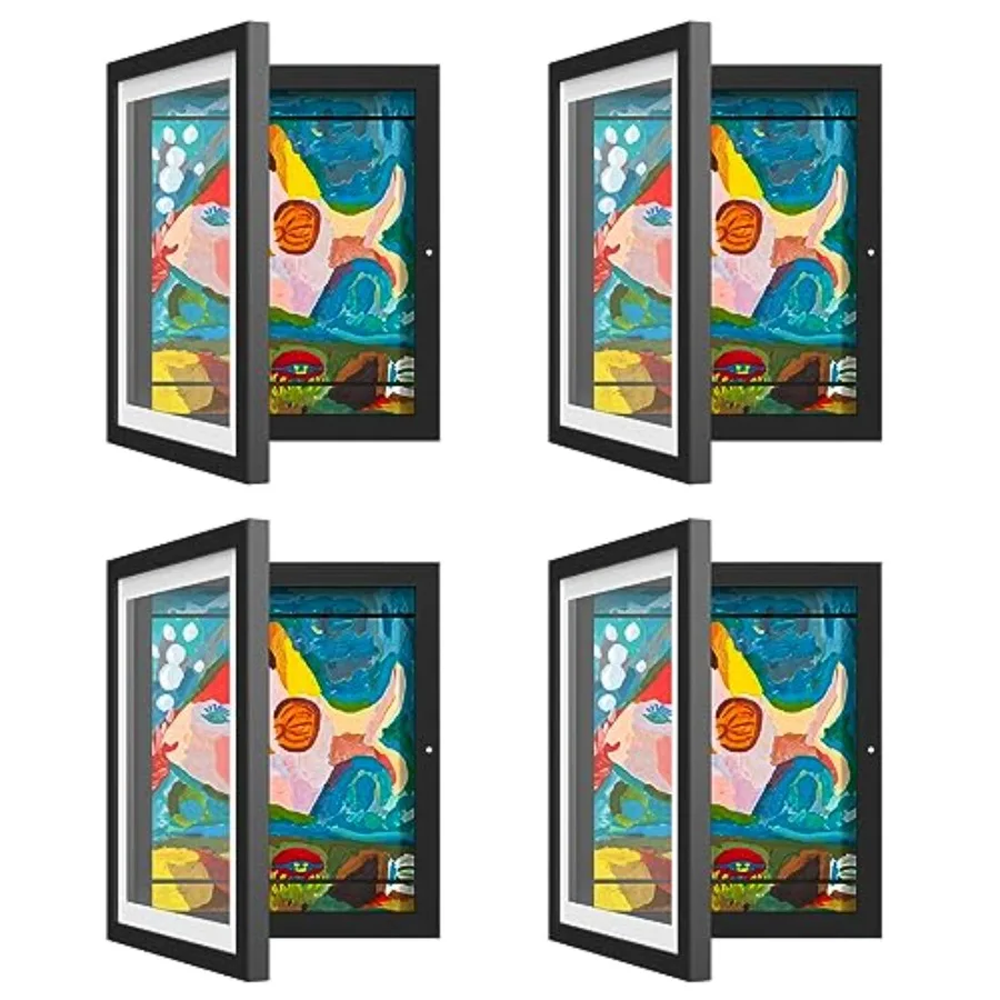 

4 Pack Art Frame Artwork Frames Changeable 8 x10.5 with Mat and 9 x12 Without Mat Black Front Opening Picture Storage Frame for