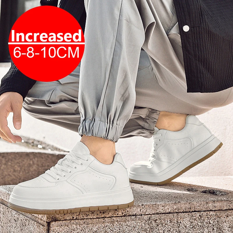 أحذية رجالية غير مرئية لزيادة الارتفاع أحذية مصعد برباط علوي أحذية رياضية بيضاء 8/10 سنتيمتر مقاس أطول بالإضافة إلى أحذية رفع غير مرئية