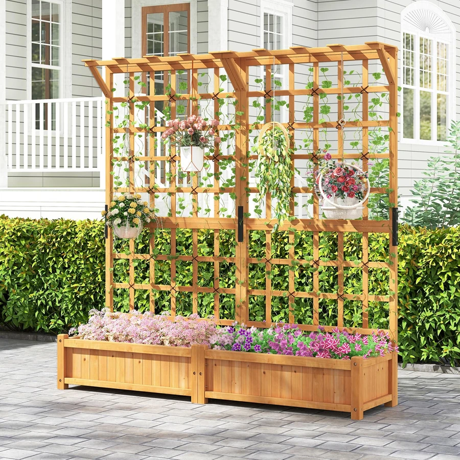 

Raised Garden Bed with Trellis Wood Planter w 2 Hanging Roof Garden Boxes w Removable Bottom Plate Climbing Plants
