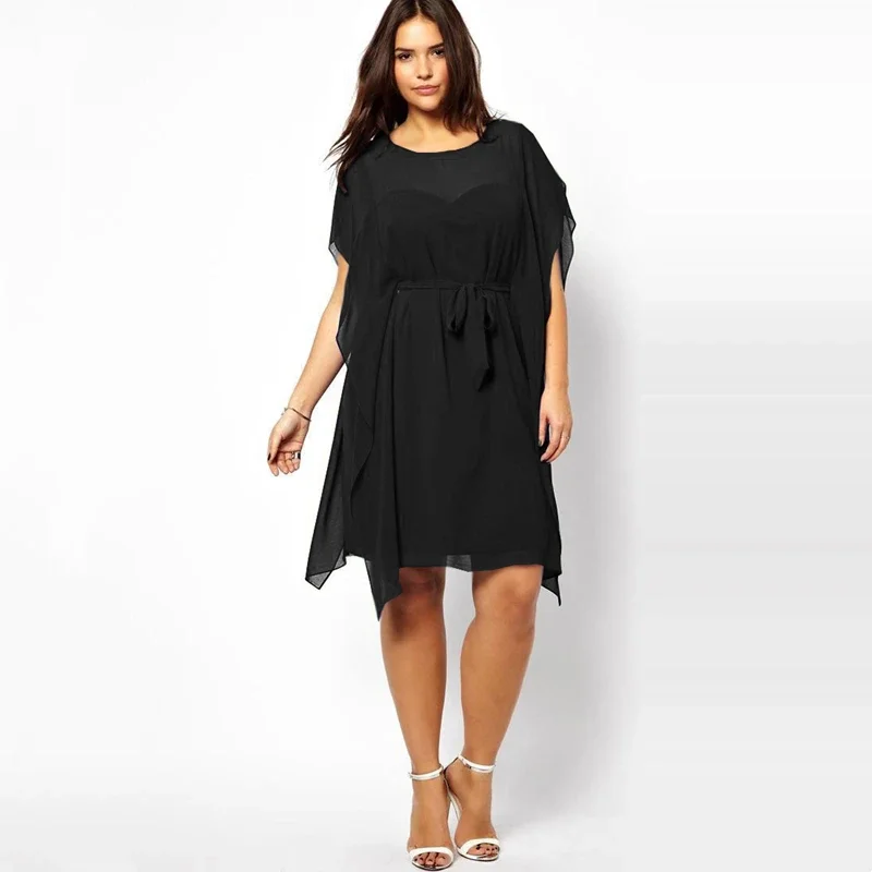 

Plus Size Batwing Sleeve Elegant Summer Chiffon Dress Women Sashes Black Party Dress Female Large Size Loose Formal Office Dress