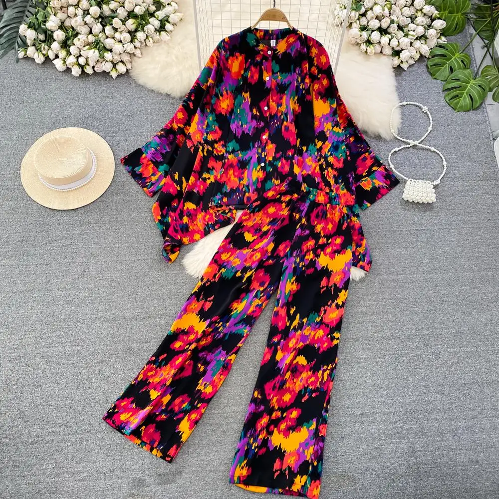 Imagem -06 - Moda Novas Mulheres Casual Loose Floral Calças Terno Boho Elegante Maxi Camisas Blusas Wide-leg Pantsuit Feminino Partido Duas Peças