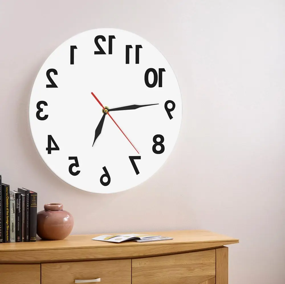 Backwards Wall Clock Non Ticking Reverse 12inch Wall Clock Battery Operated Creative Art Wall Decor Digital Time 9.85in