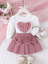 2PCS Winter New Style For 0-3 Year Old Girls, Comfortable Sweet And Cute Bubble Sleeves, Love Chapter Top + Pink Short Skirt Set