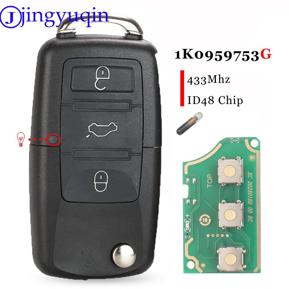 

jingyuqin 3Buttons Remote Car Key Fob ID48 Chip 433Mhz For VW PASSAT Polo Skoda Seat Polo Golf Beetle 1K0959753G