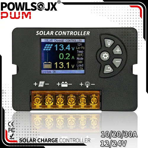Imagen 1 del producto POWLSOJX-controlador de carga Solar PWM, 12V/24V, 10A/20A/30A con pantalla LCD a Color, voltaje ajustable, soporte para múltiples baterías