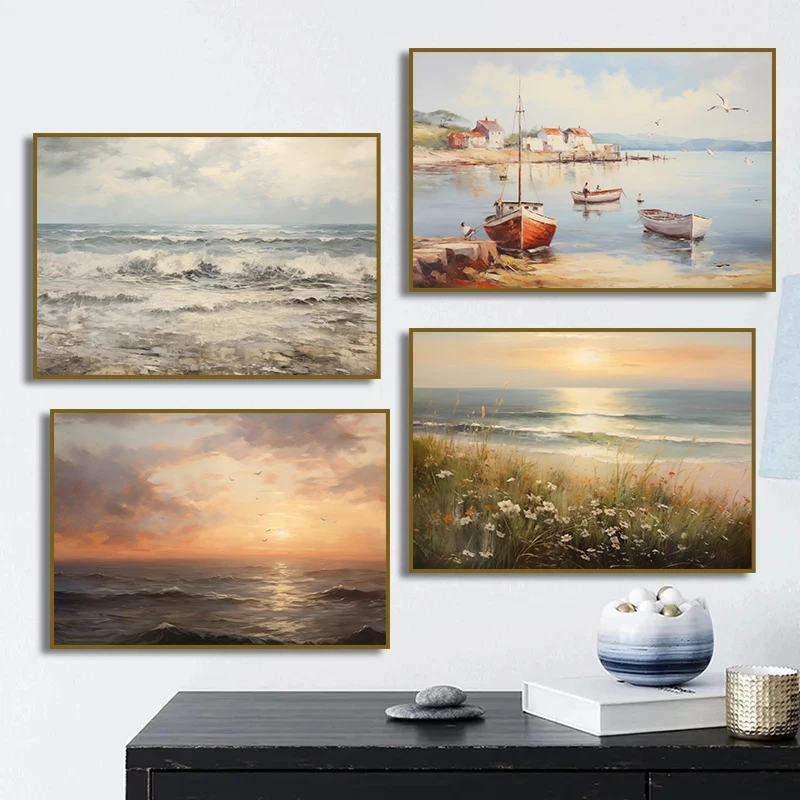 Classic Sunlight Beach Wildflower Boat Natural Landscape Canvas Print Sea Scenery Posters Art Wall Picture Modern  Room Decor