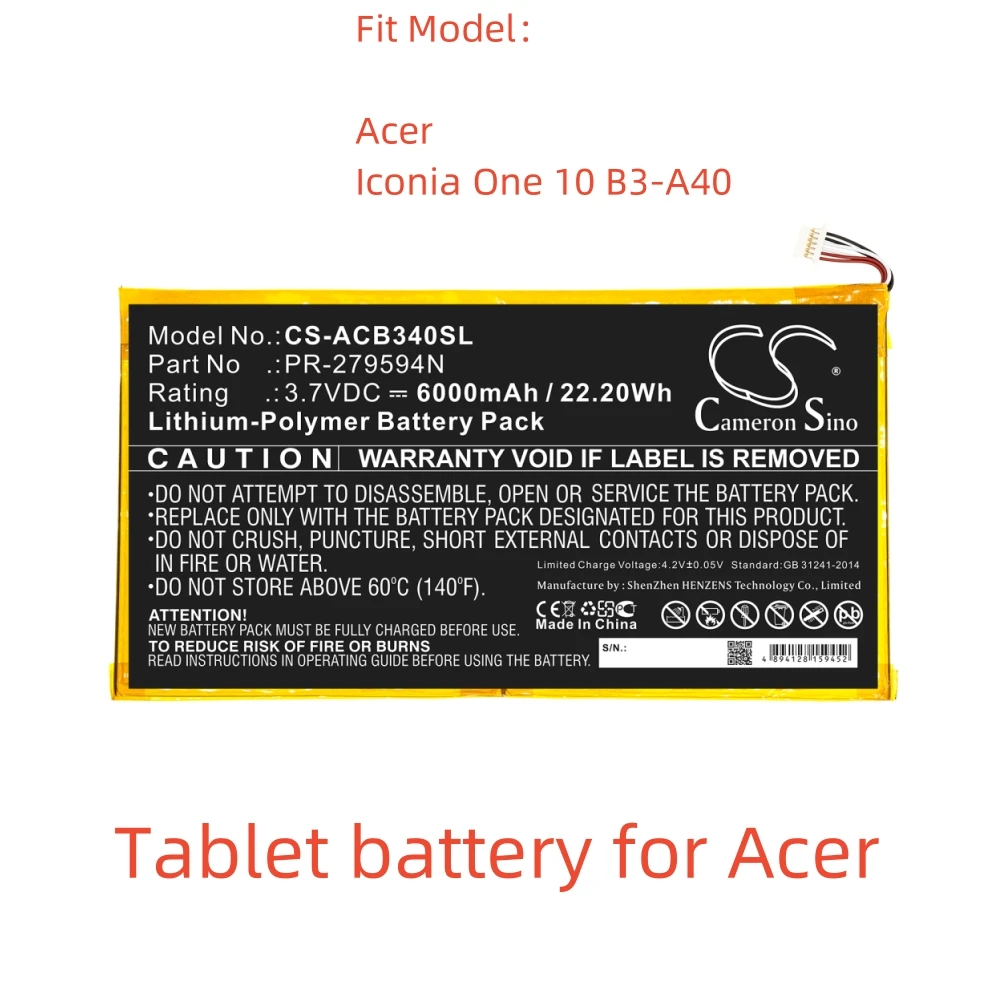 Li-Polymer Tablet battery for Acer,3.7V,6000mAh,Iconia One 10 B3-A40,PR-279594N PR-279594N(1ICP3/95/94-2)