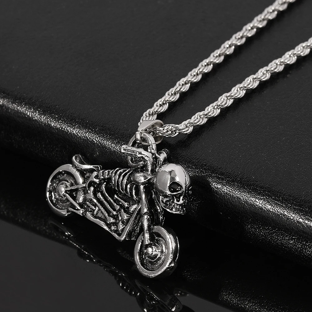 Retro Hip Hop Skeleton Motorcycle Necklace Fashion Punk Style Pendant Clothing Jewelry for Men Personality Accessories view 5
