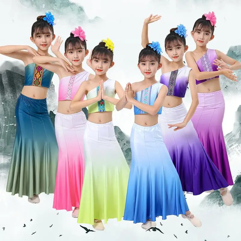 

Children's Dance Performance Outfit Female Child's Peacock Dance Wrap around Fish Tail Skirt Ethnic Style Performance Clothing