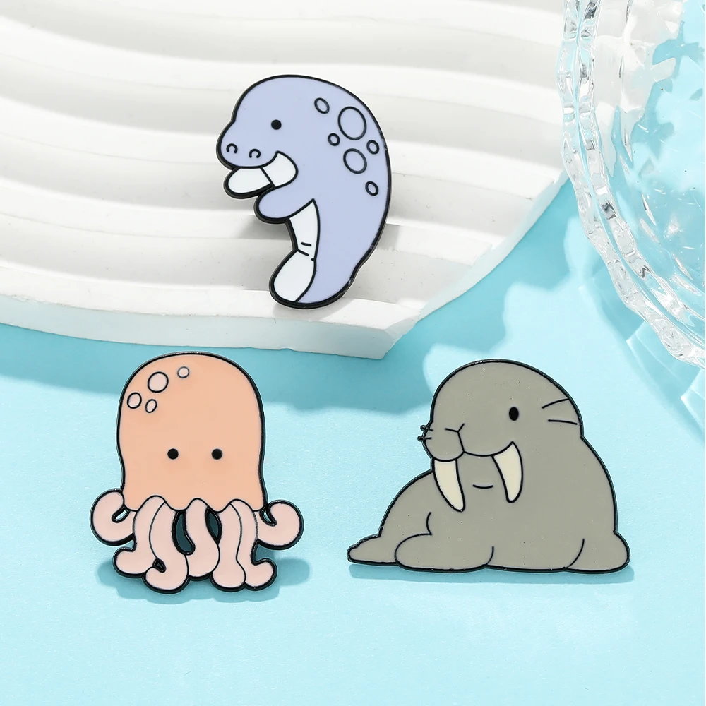 Cartoon Marine Animal Enamel Pins Cute Walrus Sea Lion Octopus Shaped Brooches Wholesale