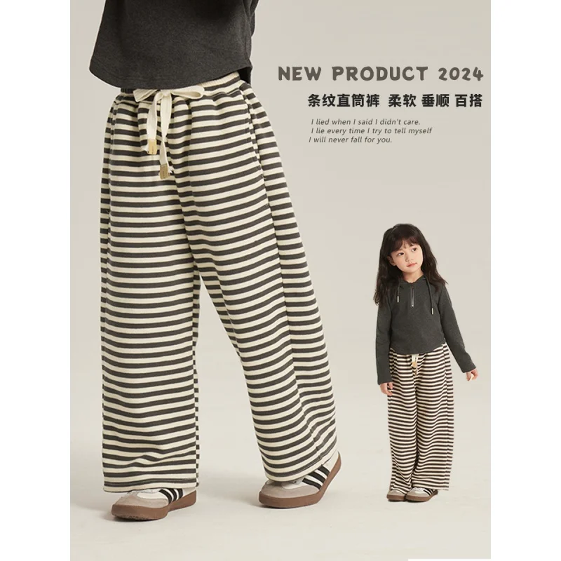 

Girls' Western Style Striped Casual Straight Pants Children's Baby Spring All-Matching Trousers Lace-up Labeling Wide-Leg Pants