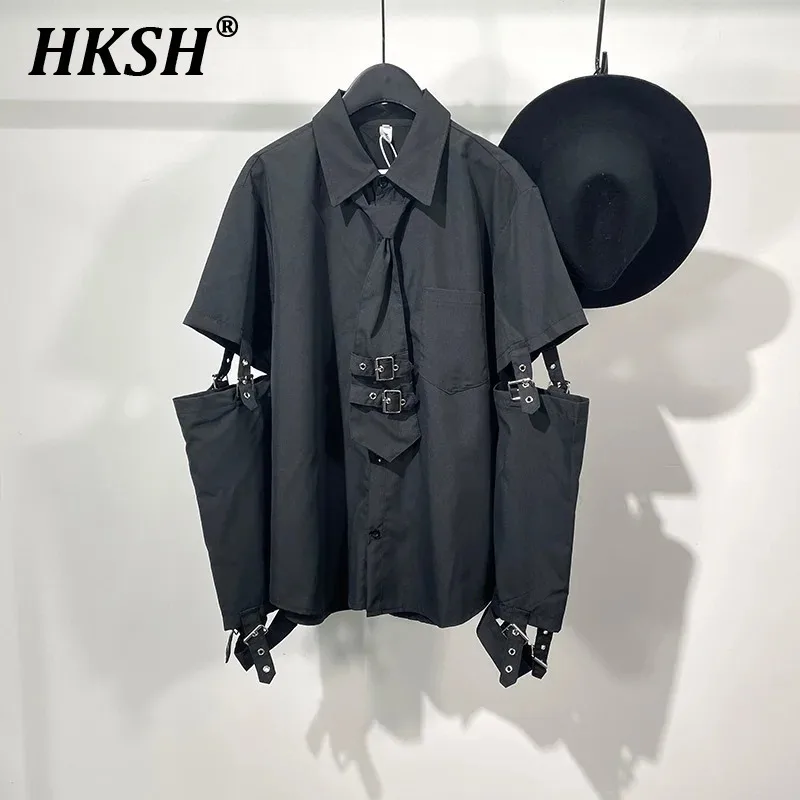 HKSH Men's Punk Darkwear High Street Nihce Design Shirts Sleeve Detachable Necktie Casual Tops Summer Spring Chic Blouse HK0006