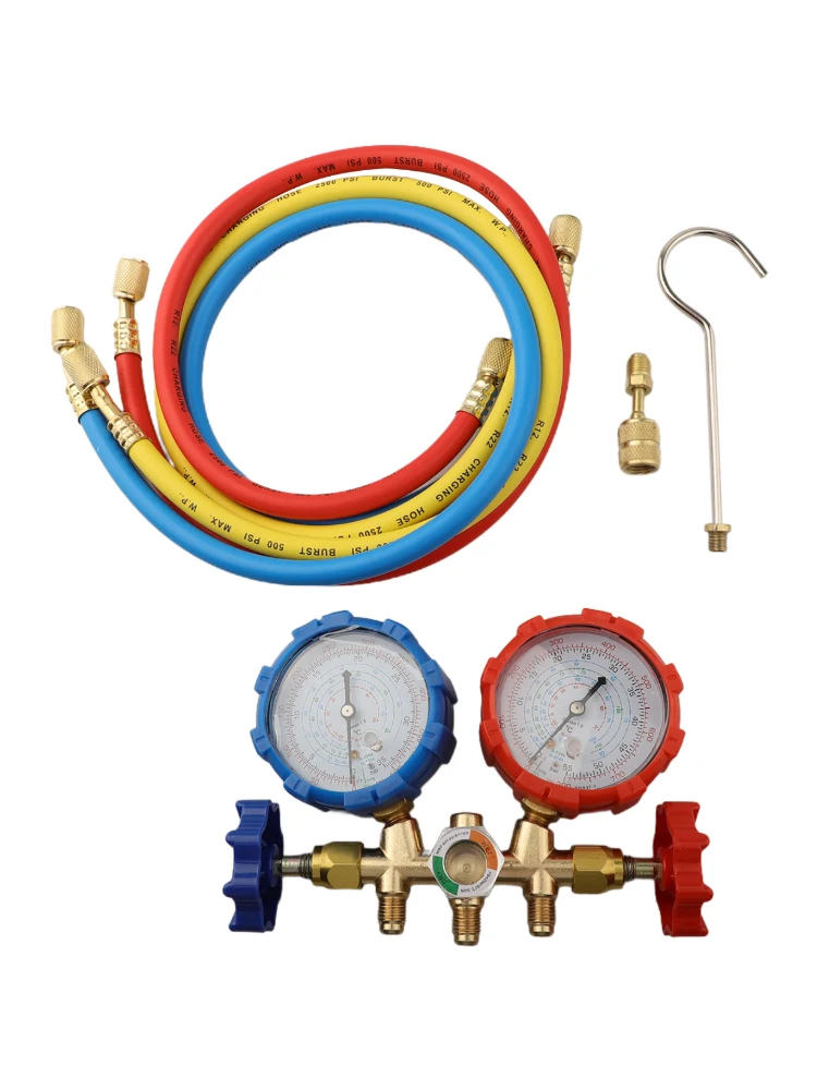 Manifold Gauge Kit for HVAC System Installation and Maintenance with Dual Port Brass Construction and Multi-Refrigerant Use