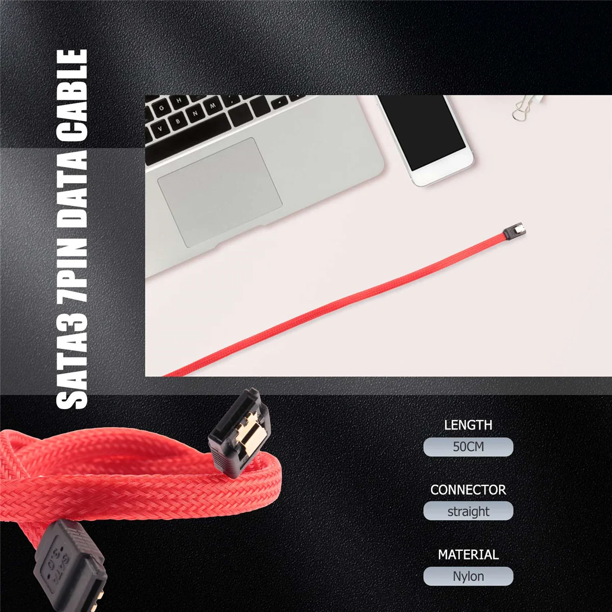 50CM SATA 3.0 III SATA3 7pin Data Cable 6Gb/s SSD Cables HDD Hard Disk Data Cord with Nylon Sleeved Premium Version(Red) HOT