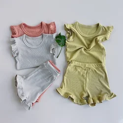 Summer Girl Suit Solid Color Shorts Clothing Fly-sleeved Top Ruffle Edge Shorts Clothing Suit Children's Fashion Clothing 0-6Y