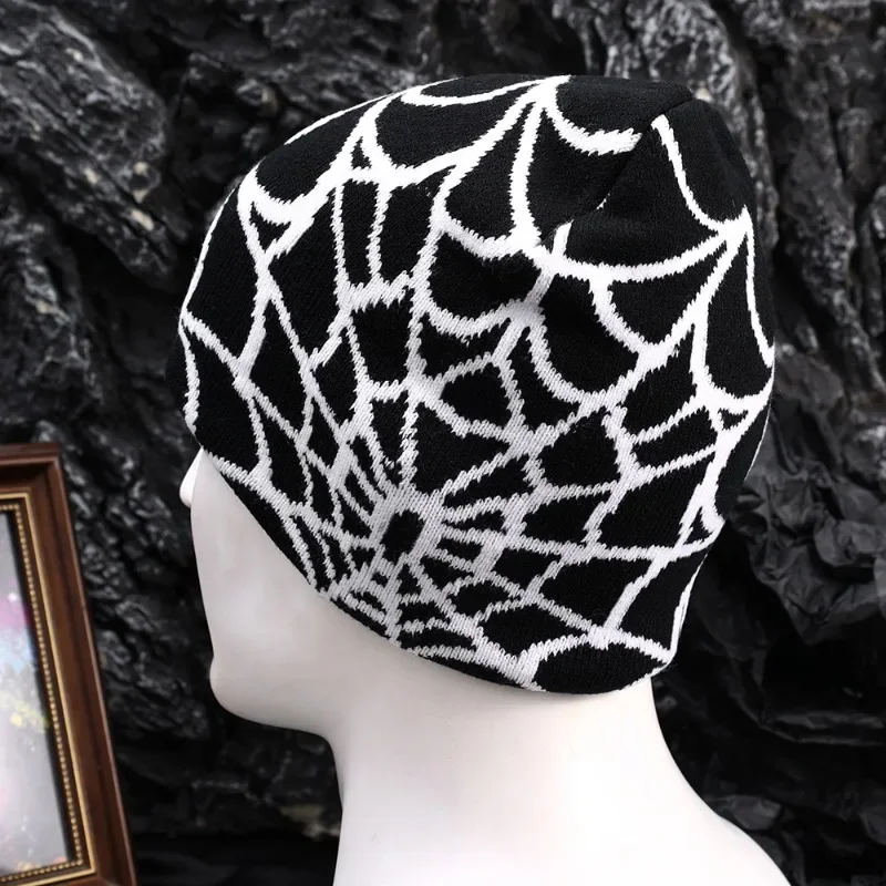 Gothic Y2K Elastic Spider Web Printed Knitted Hat Warm Outdoor Casual Pullover Skullcap Personality Unisex Beanies for Women Men