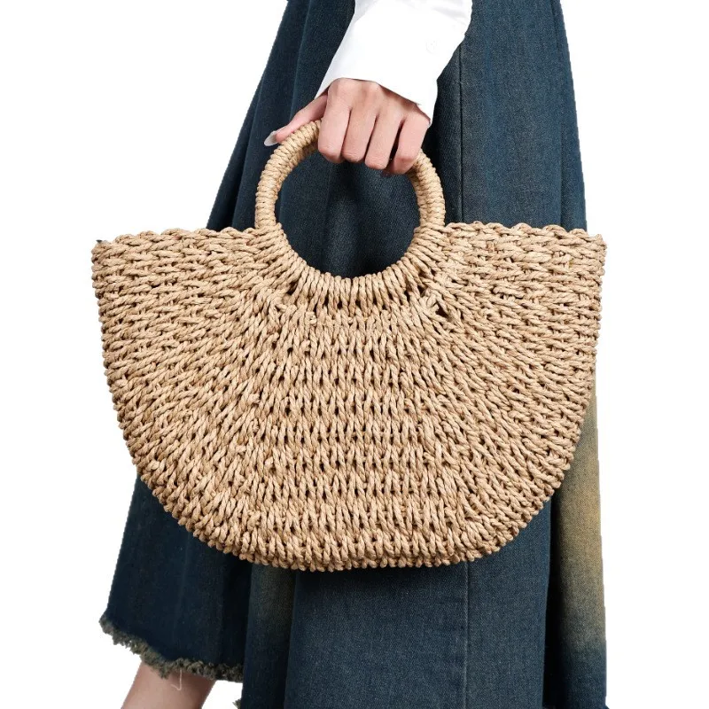 Straw Woven Bag Paper Rope Round Bucket Bag Minimalist Solid Color Knit Handbag Vintage Casual Hand Tote Bag Summer Beach Purse