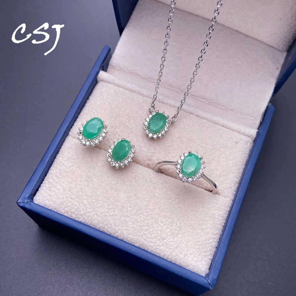 

Classic Natural Emerald Jewelry Sets Sterling 925 Silver Gemstone 5*7mm 3 Carat Fine Jewelry for Women Party Wedding Gift