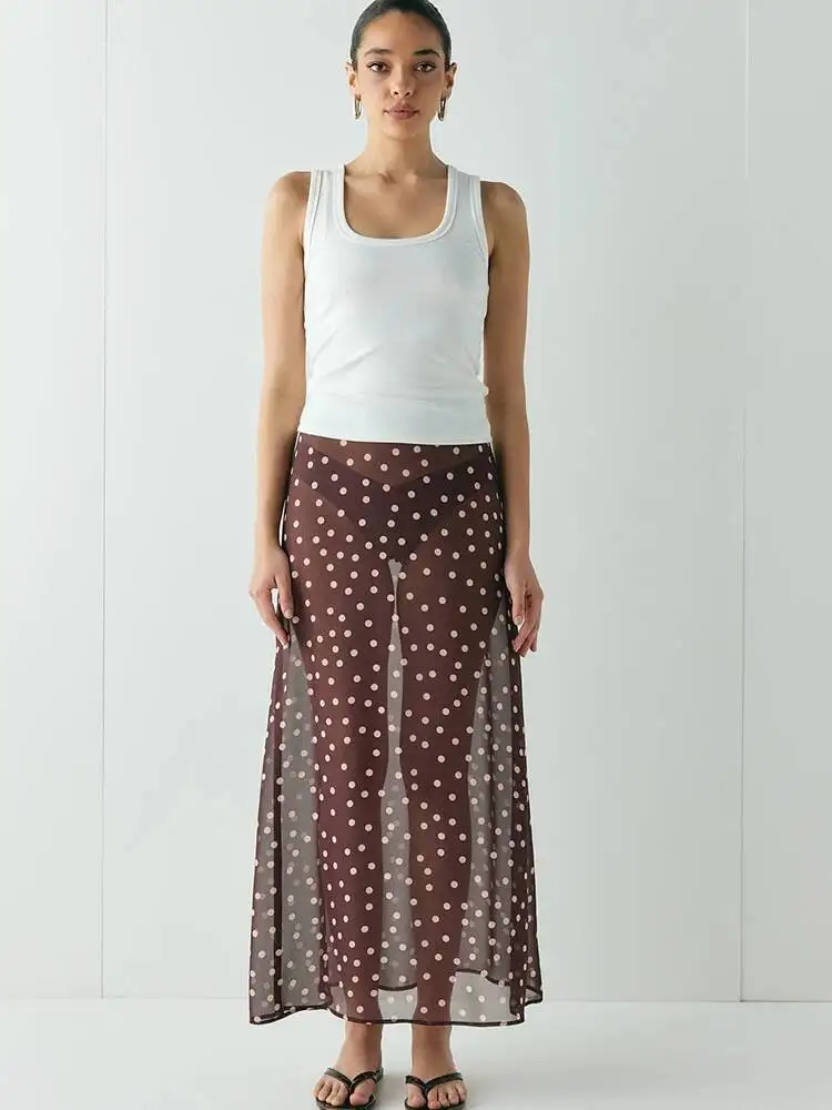 

Apprabant Sexy See Through Printed Polka Dot Women Skirt Coffee High Waist Y2k Casual Long Skirt Summer Loose Outdoor Beachwear