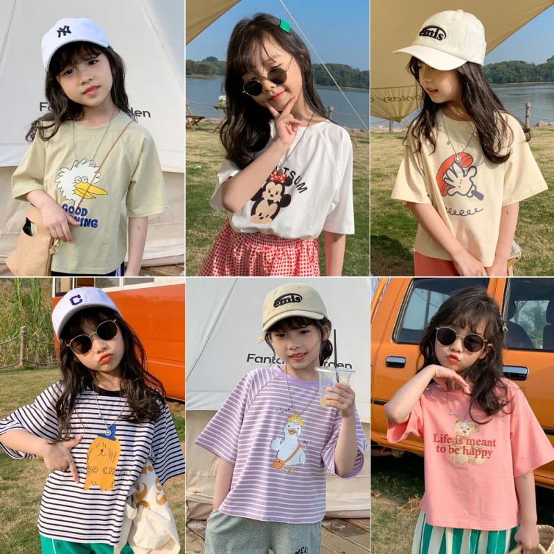 

XTY-Fashionable Girl's Short SleeveTSummer New Children's T-shirtboboCartoon Bottoming Shirt Baby Printed Loose Top Tide