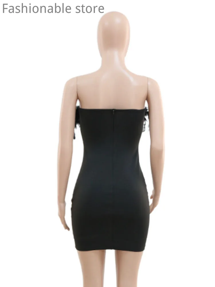 Robe de soirée Bandeau Sexy pour femmes, couleur unie, maille transparente, Patchwork, paillettes, plumes, décor